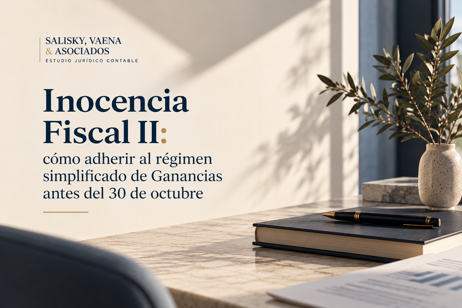 Inocencia Fiscal II: adhesión al régimen simplificado de Ganancias Portada de Inocencia Fiscal II sobre Ganancias simplificado, con cuaderno y lapicera sobre un escritorio